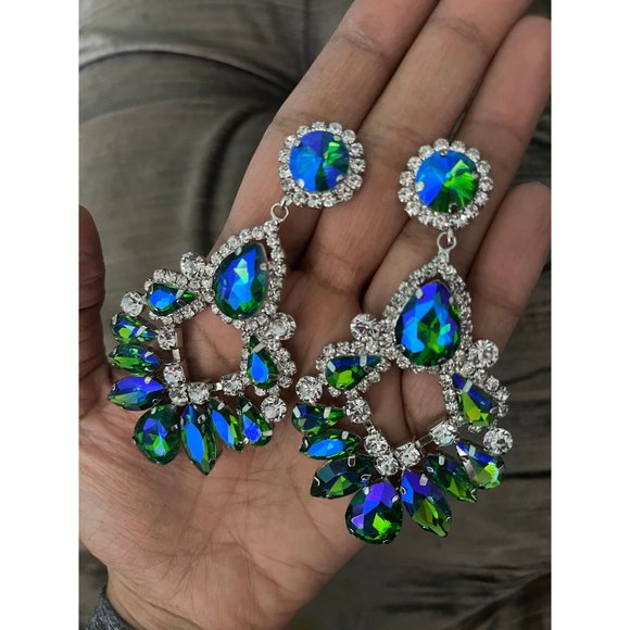 Big Blue green earrings large crystal chandelier rhinestone crystal 3.6” long - Picture 4 of 8
